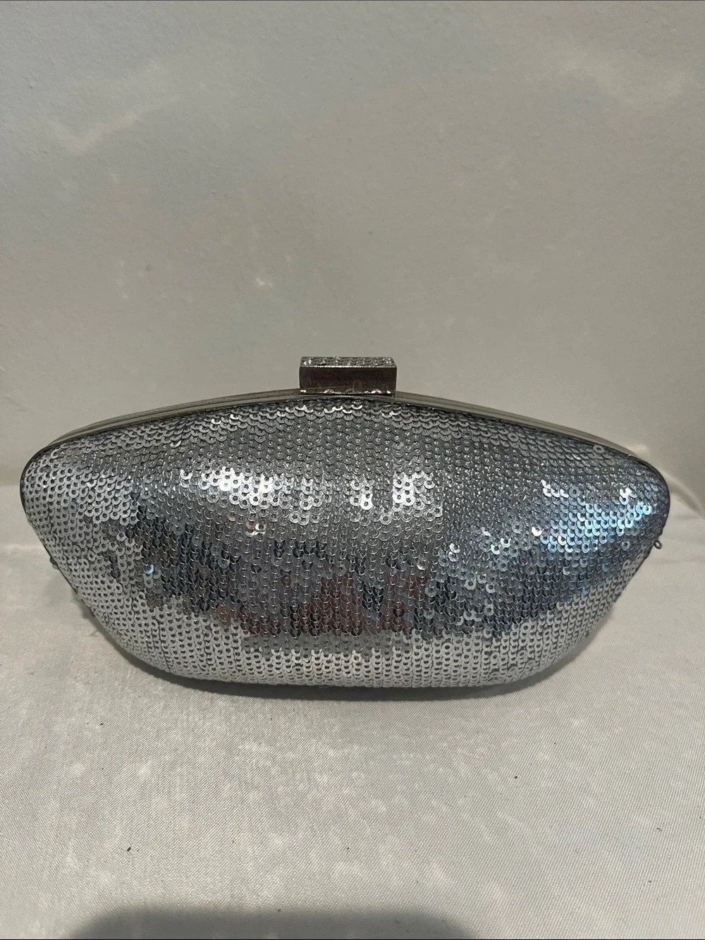 Sequin Silver Evening Clutch with Top Clasp and Chain NWT